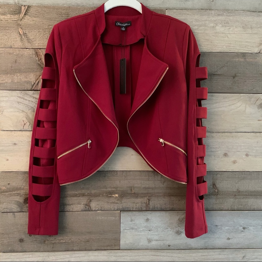 NWT Chocolate Wine Crop Blazer Gold Zipper